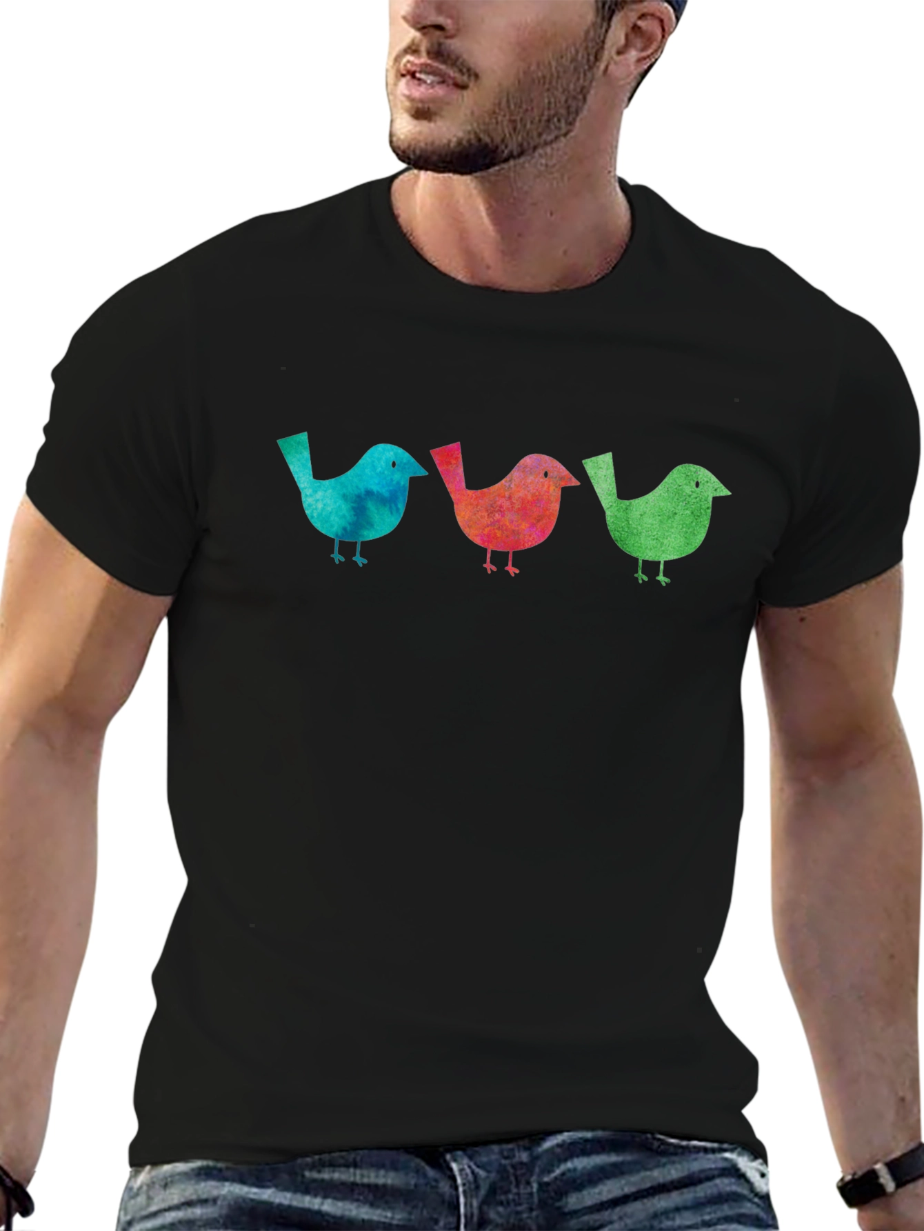 Black Watercolor Bird Trio Graphic Black T-Shirt view 6