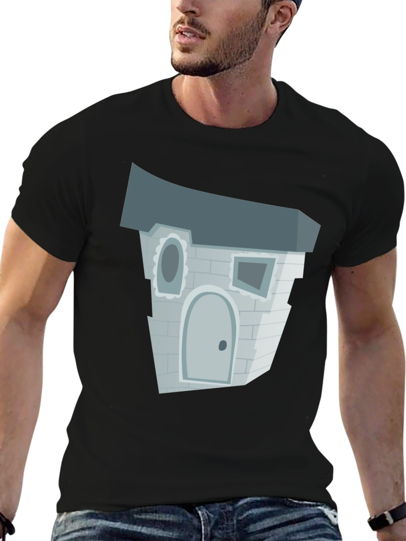 Black Cartoon Haunted House T-Shirt view 6