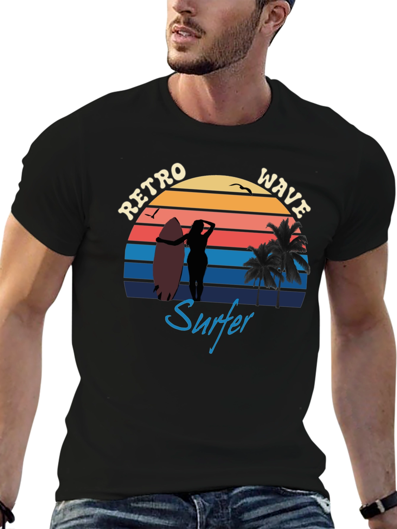Black Retro Wave Surfer T-Shirt | Vintage Surf Design view 6