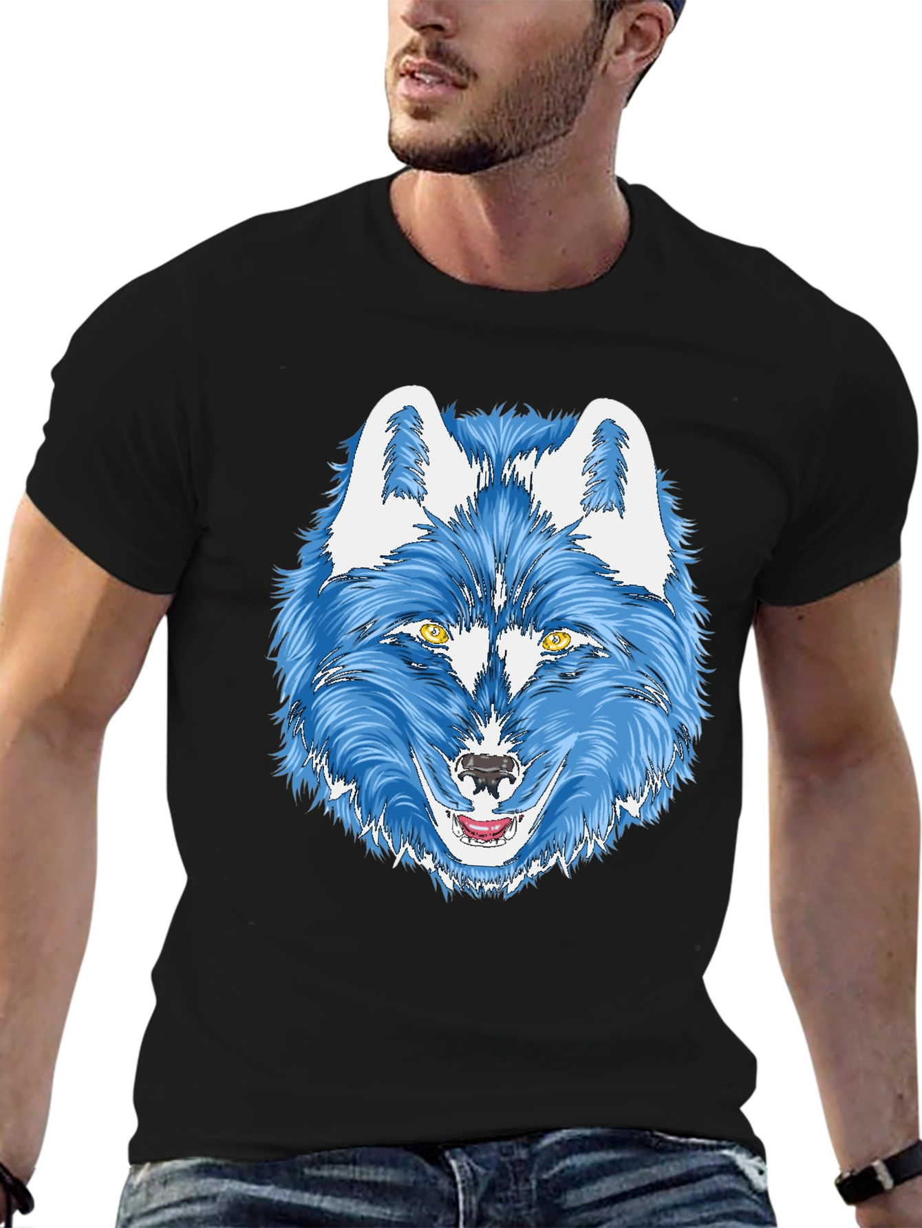 Black Blue Wolf Graphic Tee - Men's Black T-Shirt view 6