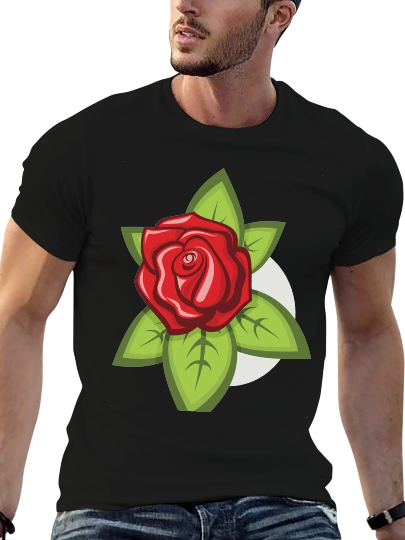 Black Men's Black T-Shirt with Rose Design view 6