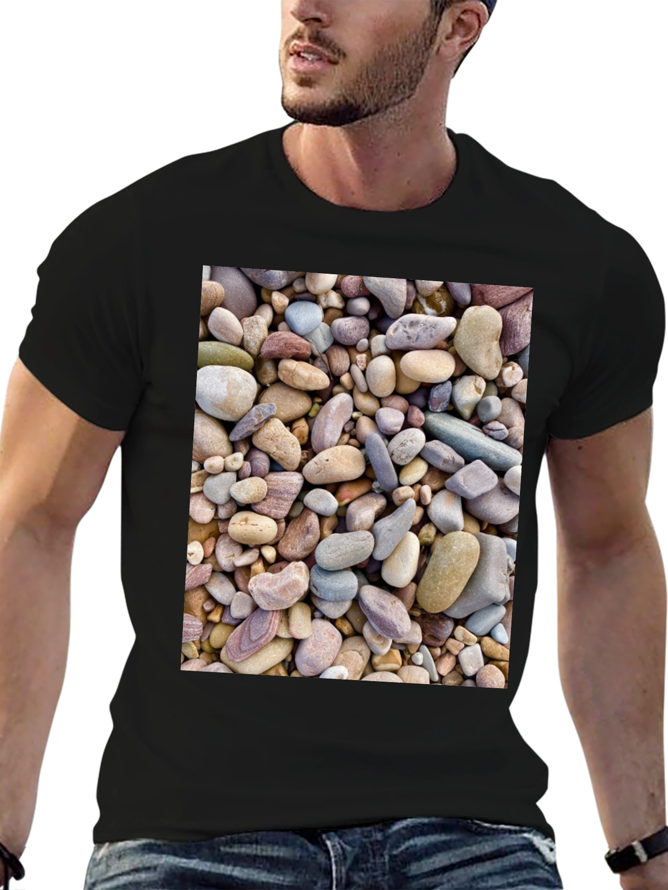 Black Rocky Beach T-Shirt - Coastal Stone Design view 6