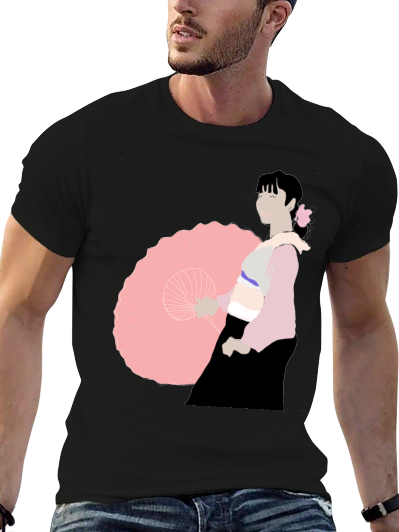 Black Black T-Shirt with Japanese Woman Illustration view 6