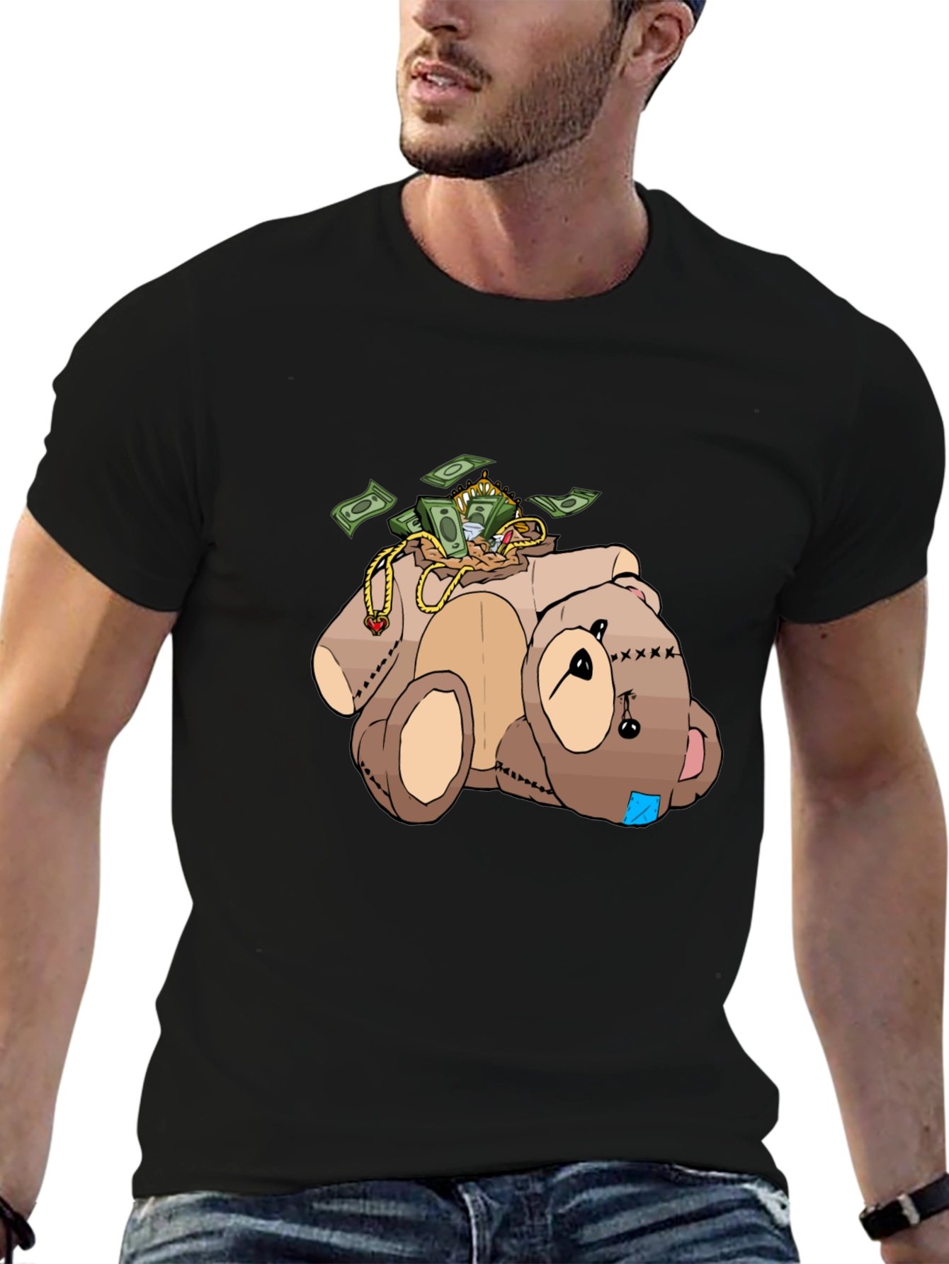 Black Money Bear T-Shirt - Cartoon Graphic Tee view 6