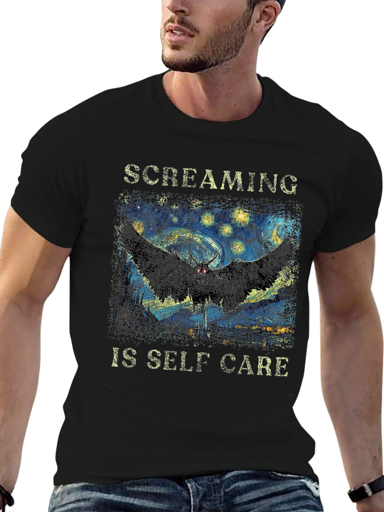 Black Screaming Is Self Care T-Shirt Starry Night Mothman Tee view 6