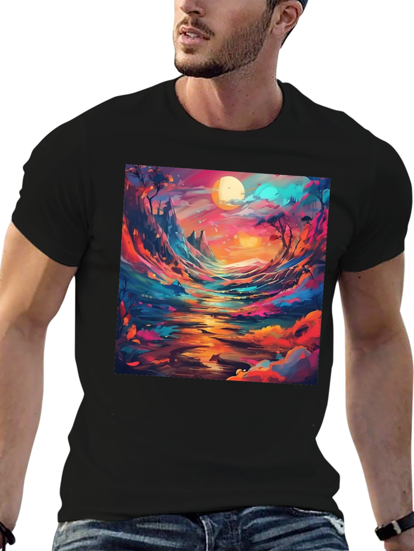 Black Artistic Landscape Graphic T-Shirt view 6