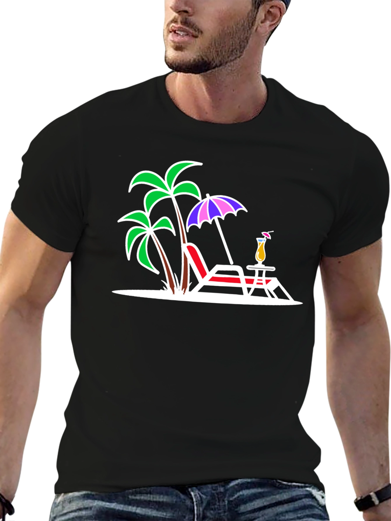 Black Tropical Beach T-Shirt: Palm Trees, Chair, & Cocktail Design view 6