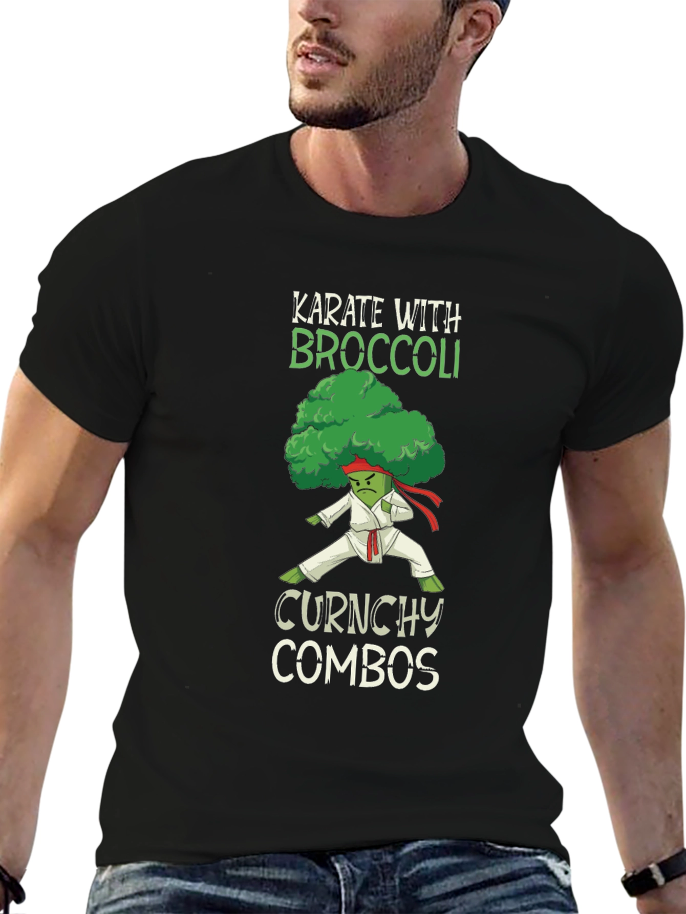 Black Karate Broccoli Funny T-Shirt view 6