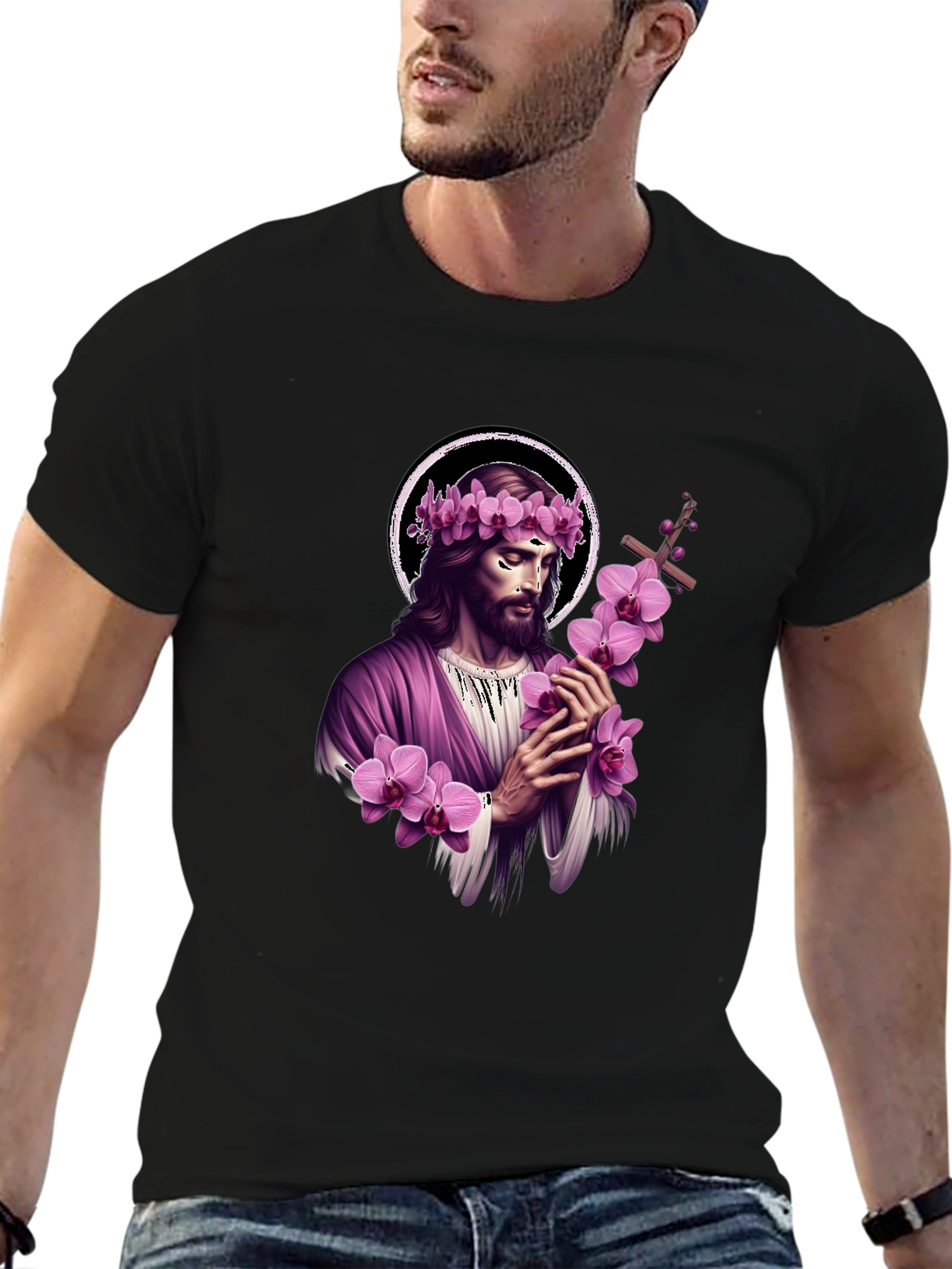 Black Jesus with Flowers Graphic T-Shirt - Soft Black Cotton Blend view 6