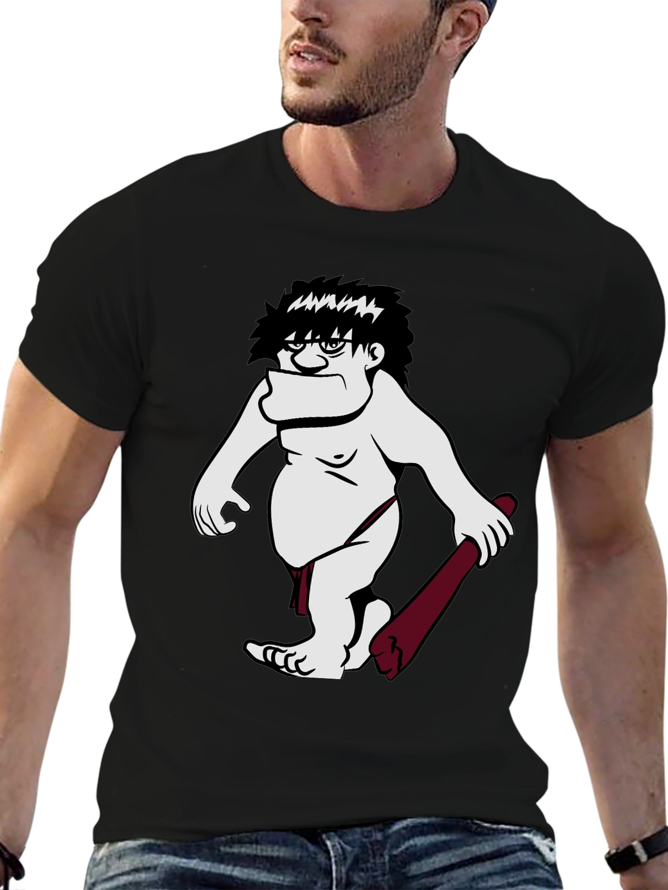 Black Funny Caveman Graphic Tee - Black Short Sleeve Shirt view 6