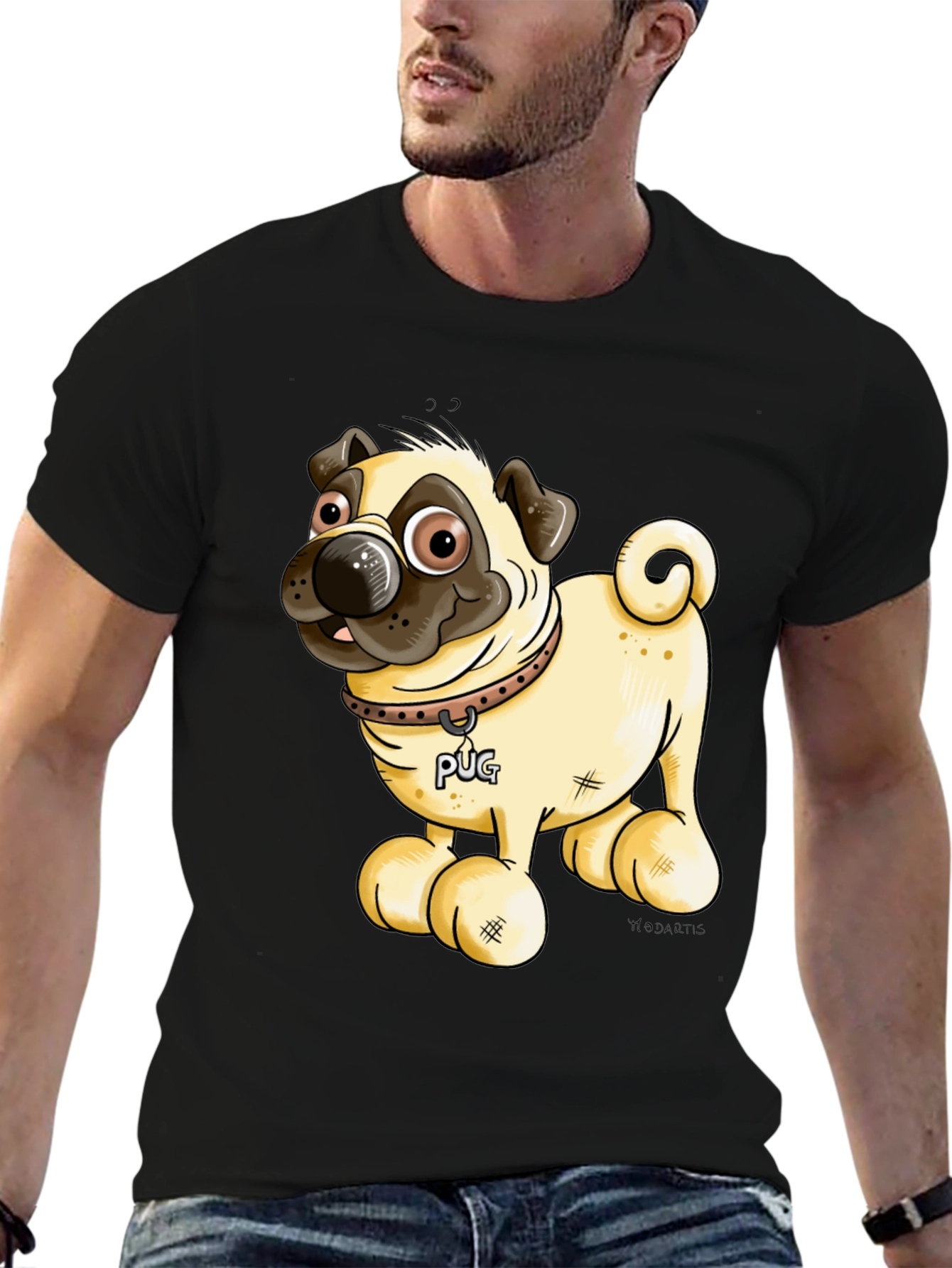 Black Pug Cartoon Black T-Shirt view 6