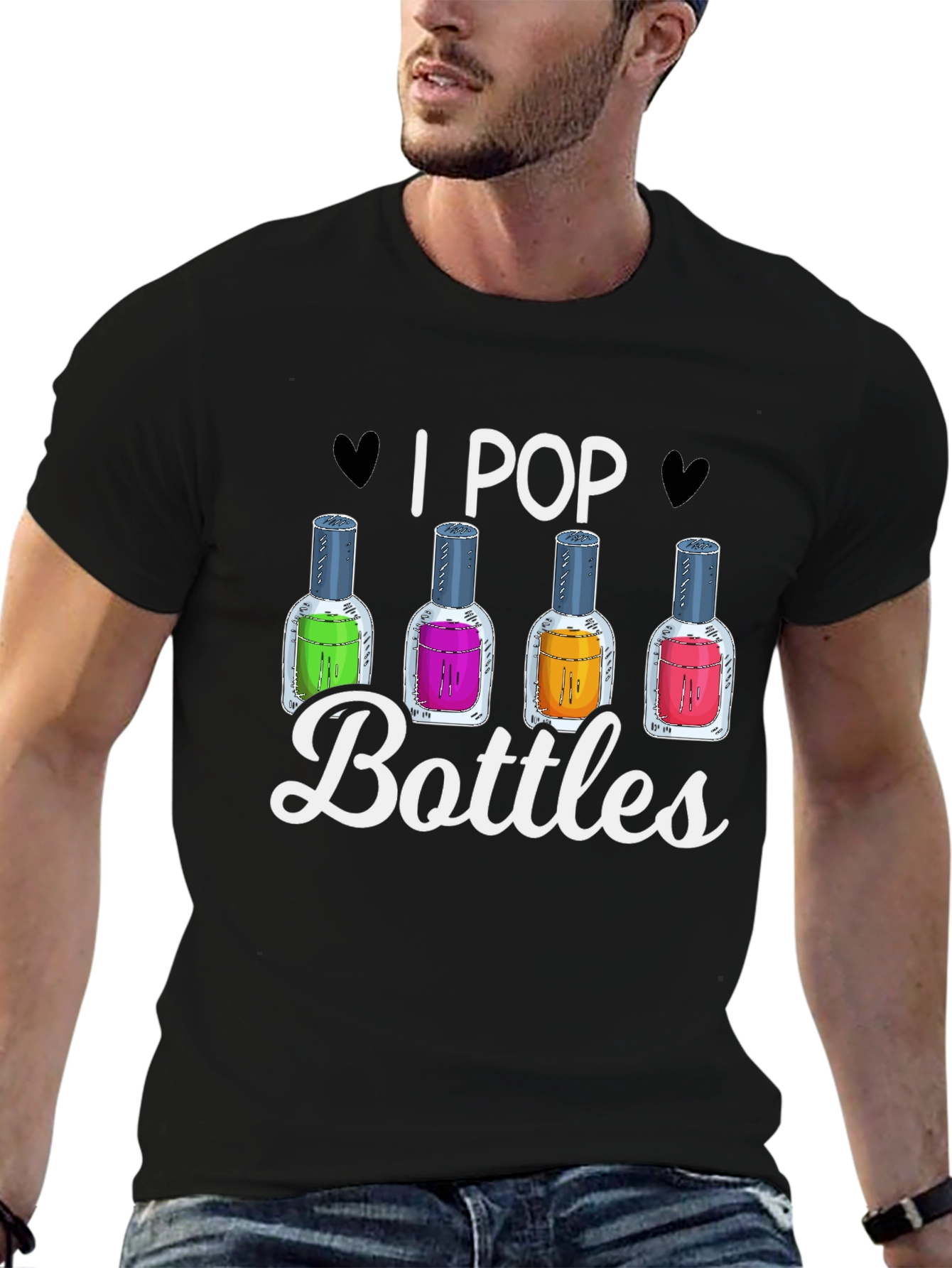 Black I Pop Bottles Funny T-Shirt view 6