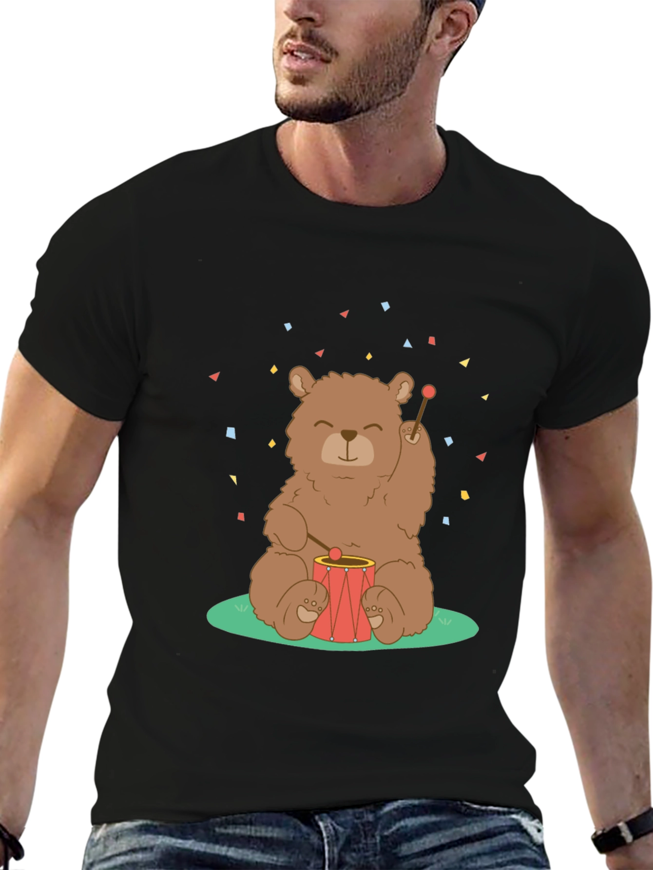 Black Bear Drummer Graphic T-Shirt - Black Cotton Tee view 6