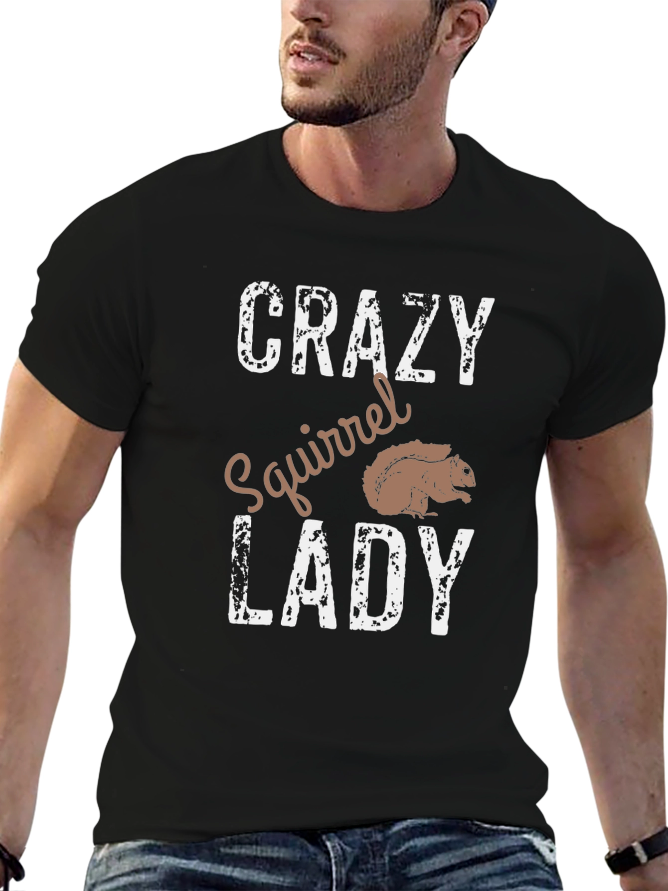 Black Crazy Squirrel Lady T-Shirt - Novelty Graphic Tee view 6