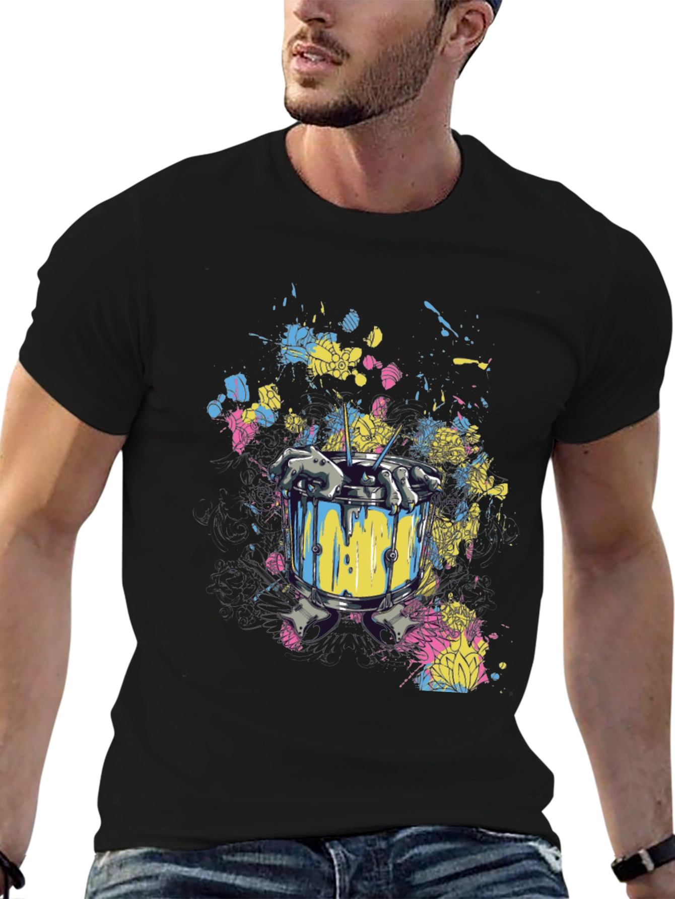 Black Drum Set Splatter Art Black T-Shirt view 6