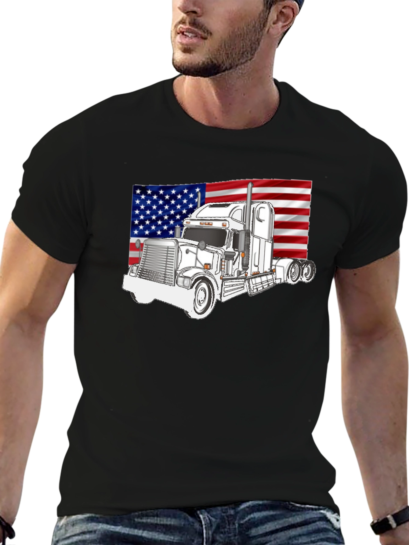 Black Trucker Pride Tee: American Flag Semi Truck Graphic T-Shirt view 6