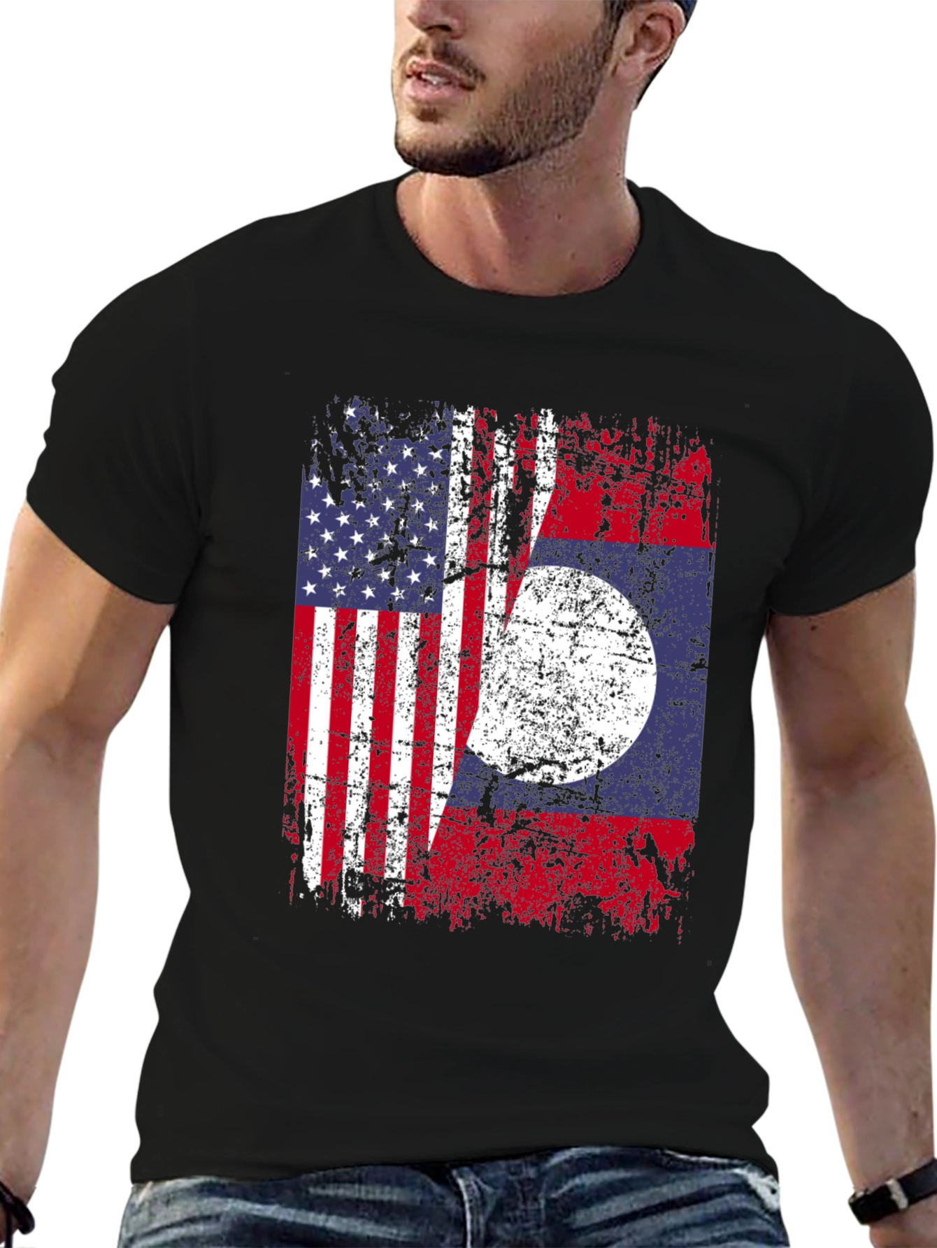 Black USA Laos Flag T-Shirt, Patriotic Tee view 6