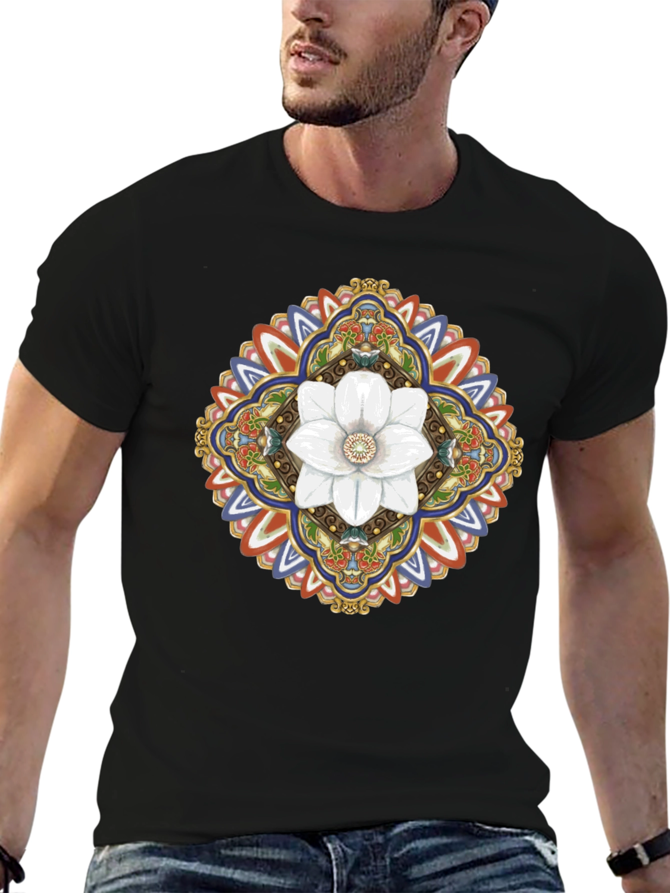 Black Floral Mandala Graphic T-Shirt - Black view 6