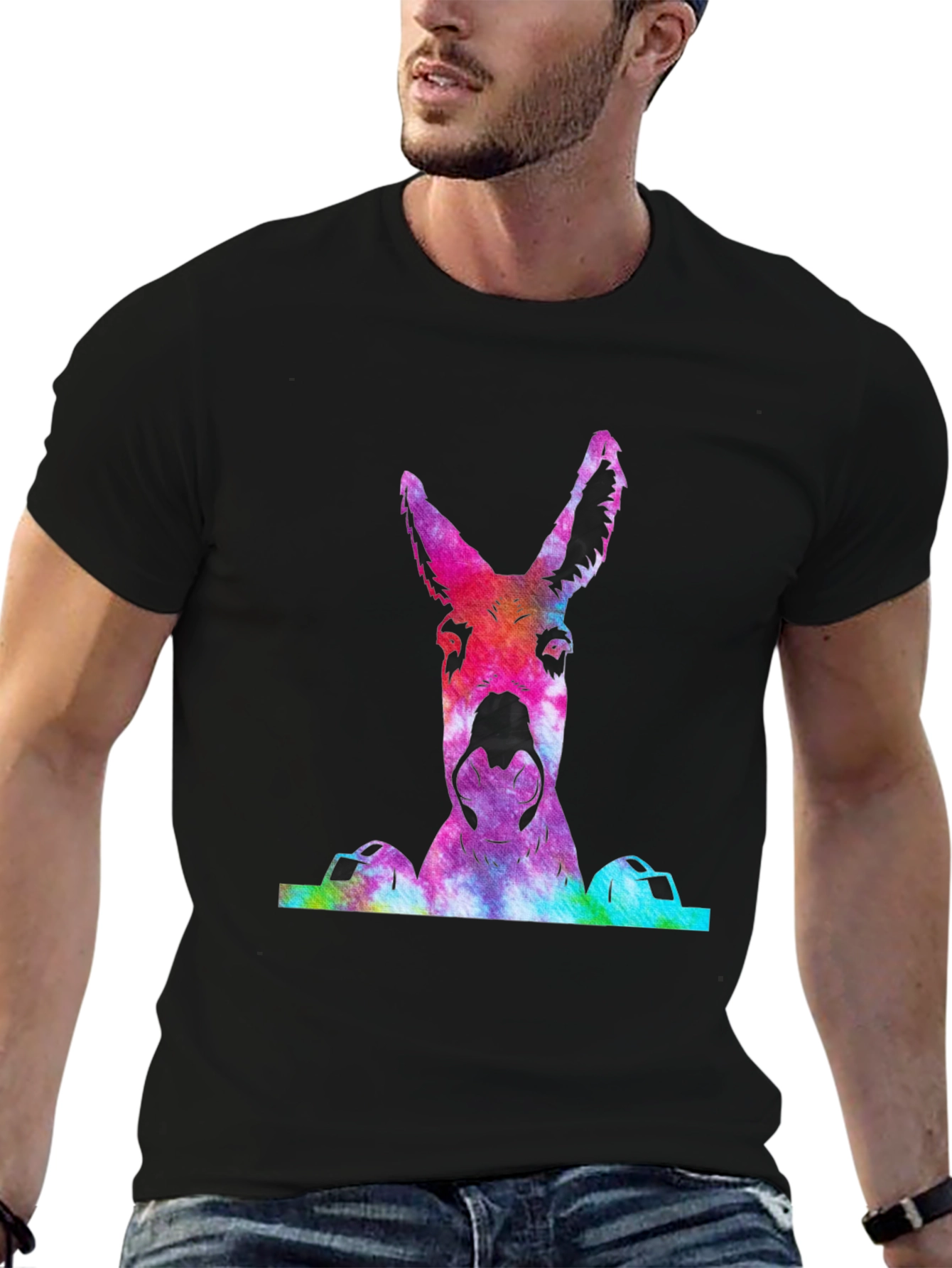 Black Colorful Tie-Dye Donkey Graphic T-Shirt view 6