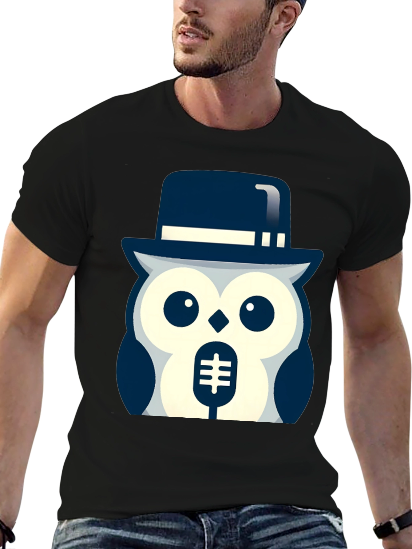 Black Owl in Hat Graphic T-Shirt - Black view 6