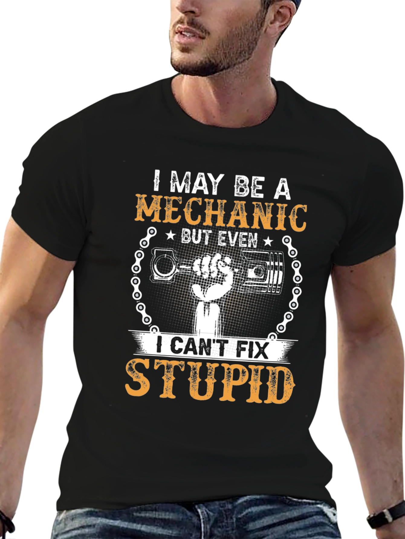 Black Mechanic Humor T-Shirt - Can't Fix Stupid view 6