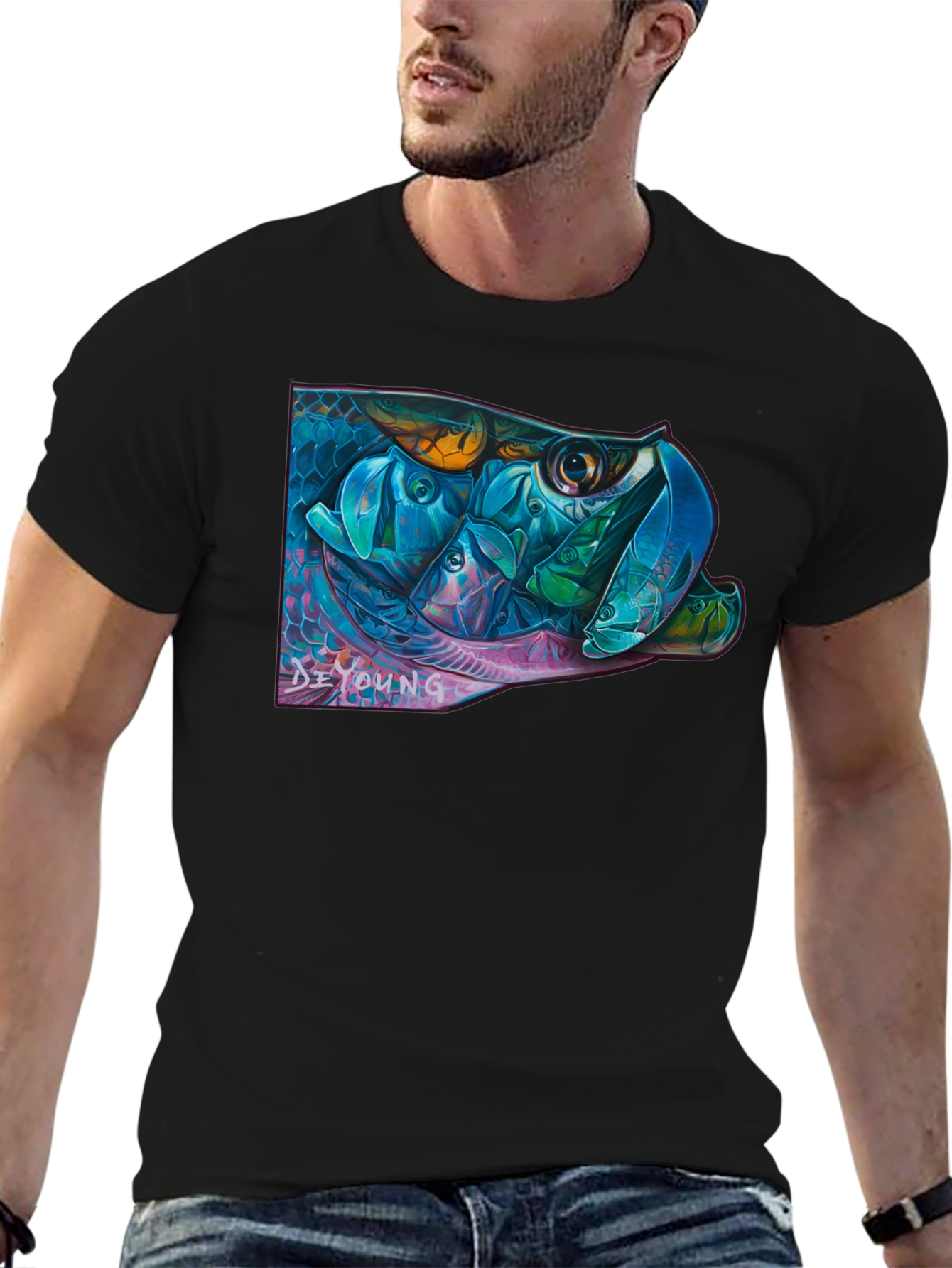 Black Vibrant Fish Graphic Black T-Shirt view 6