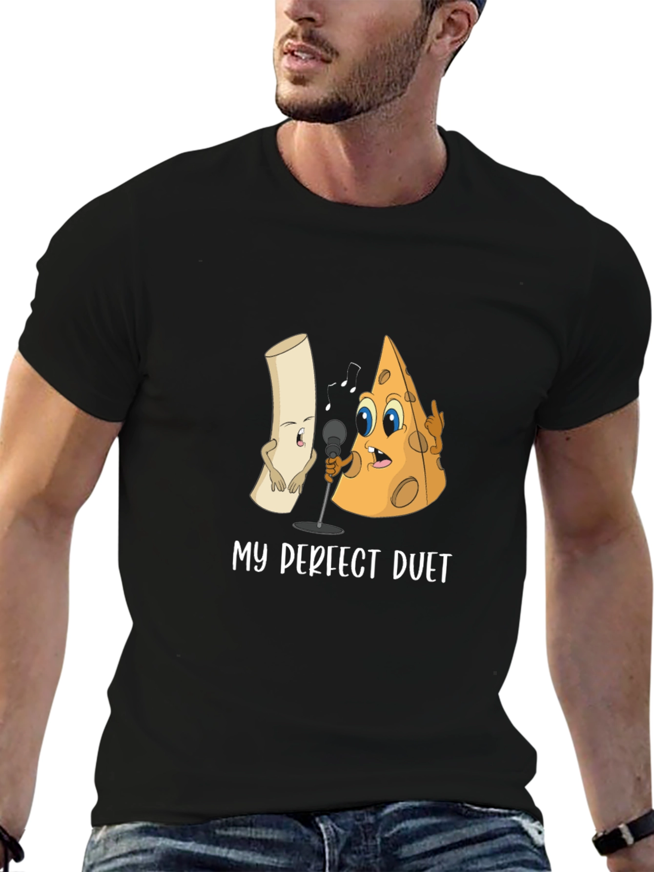 Black My Perfect Duet T-Shirt: Cheese and Macaroni Cartoon Tee view 6