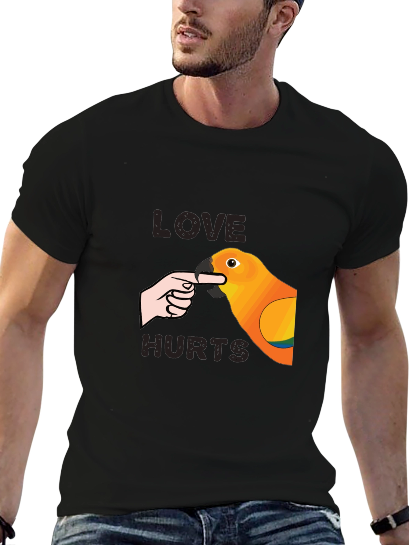 Black Love Hurts Parrot T-Shirt - Funny Bird Bite Tee view 6