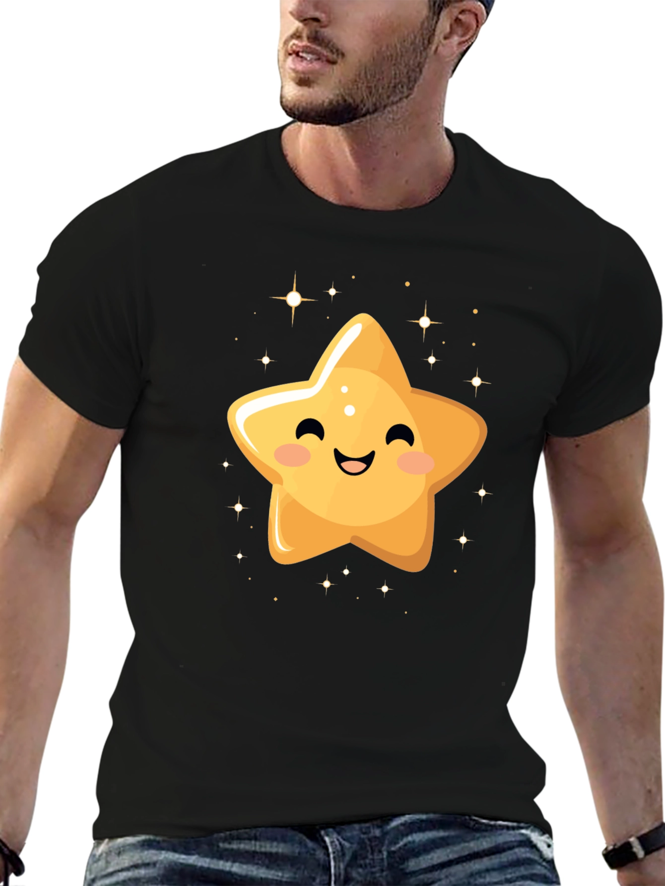 Black Cute Smiling Star Black T-Shirt view 6