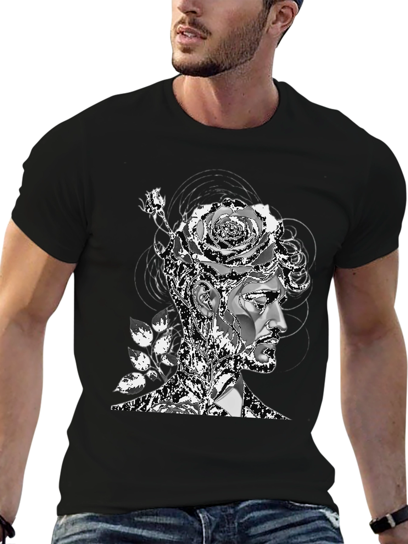 Black Artistic Floral Head T-Shirt - Mens Black Tee view 6