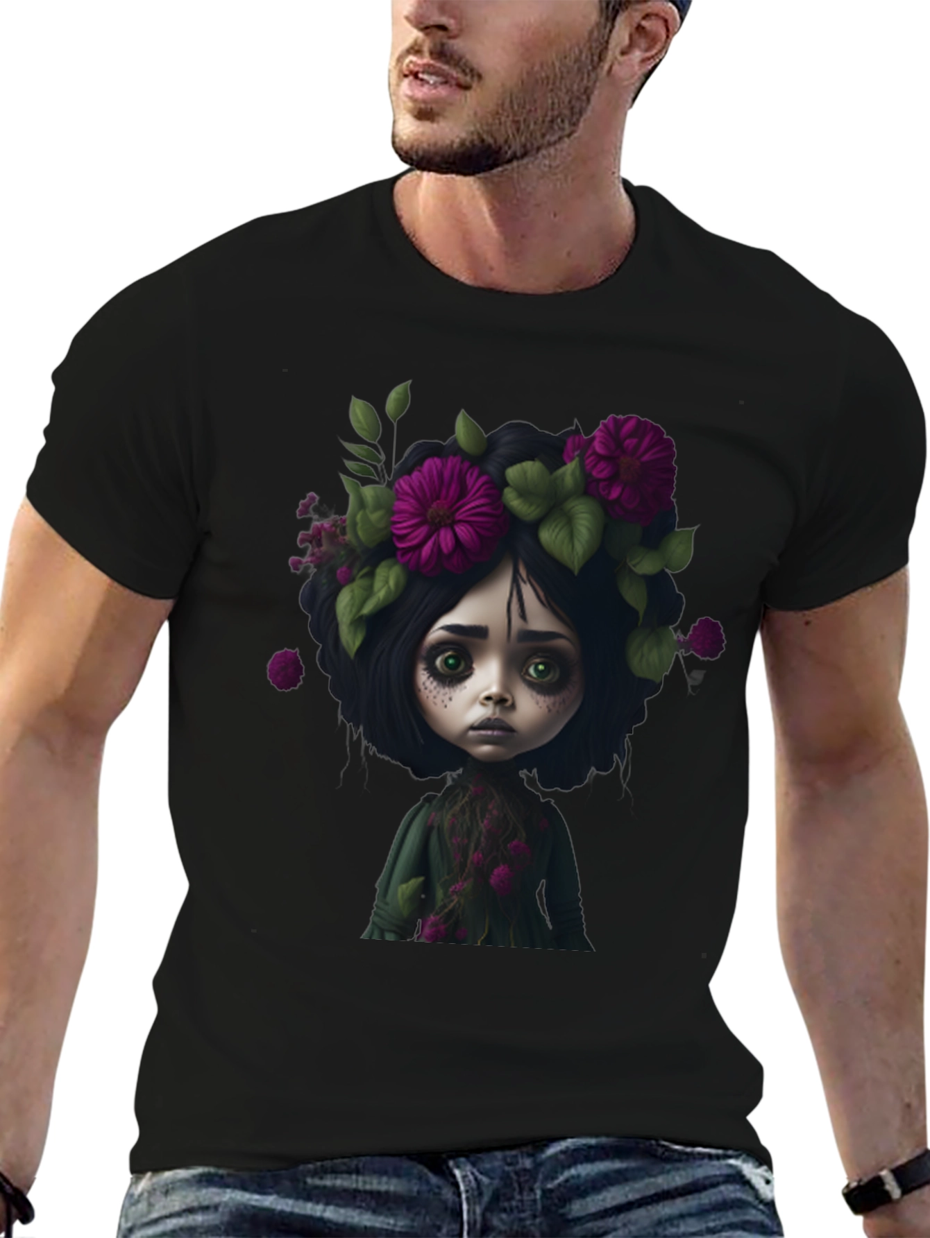 Black Floral Doll Graphic Black T-Shirt view 6