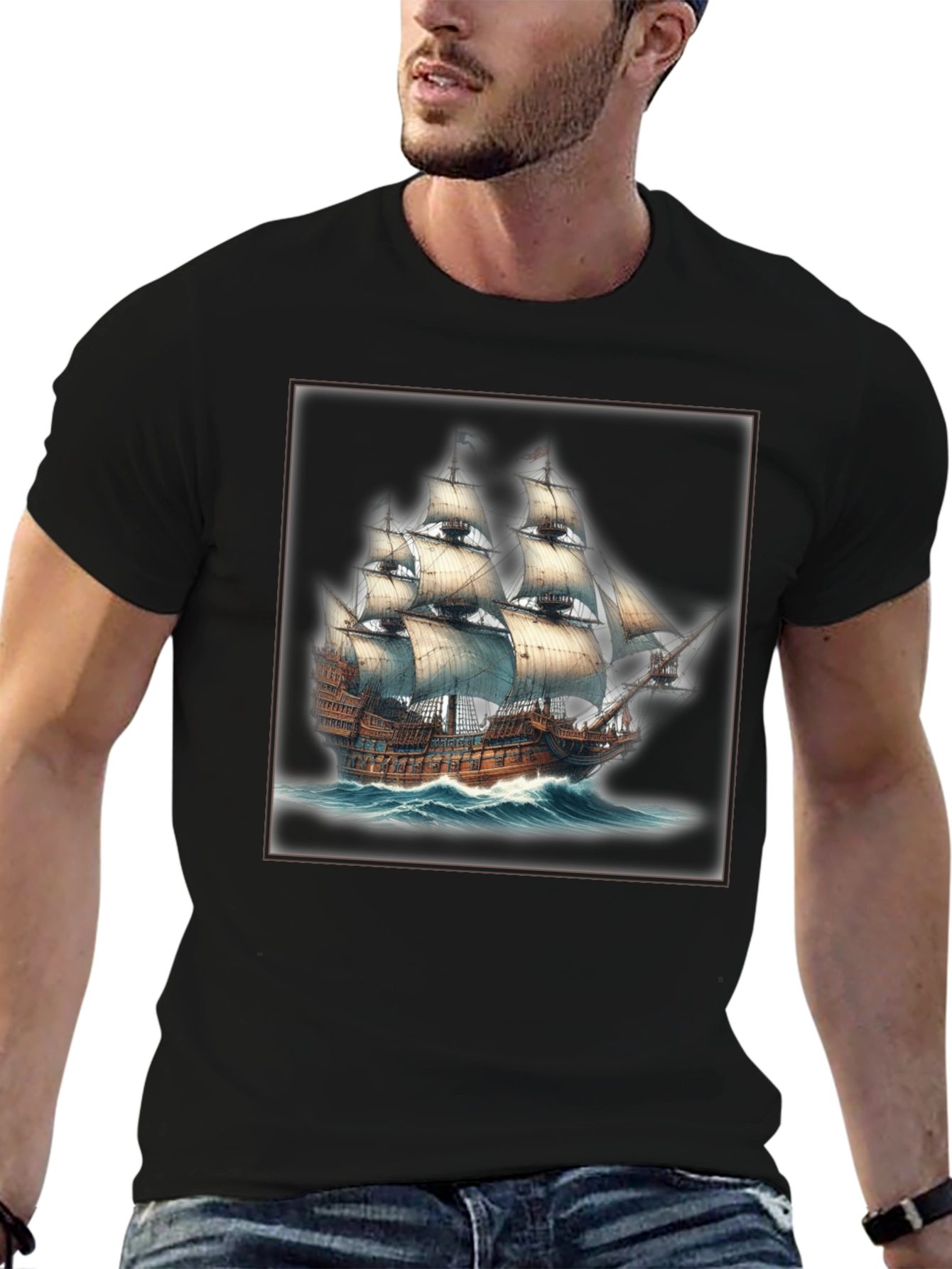 Black Nautical Ship Graphic T-Shirt view 6