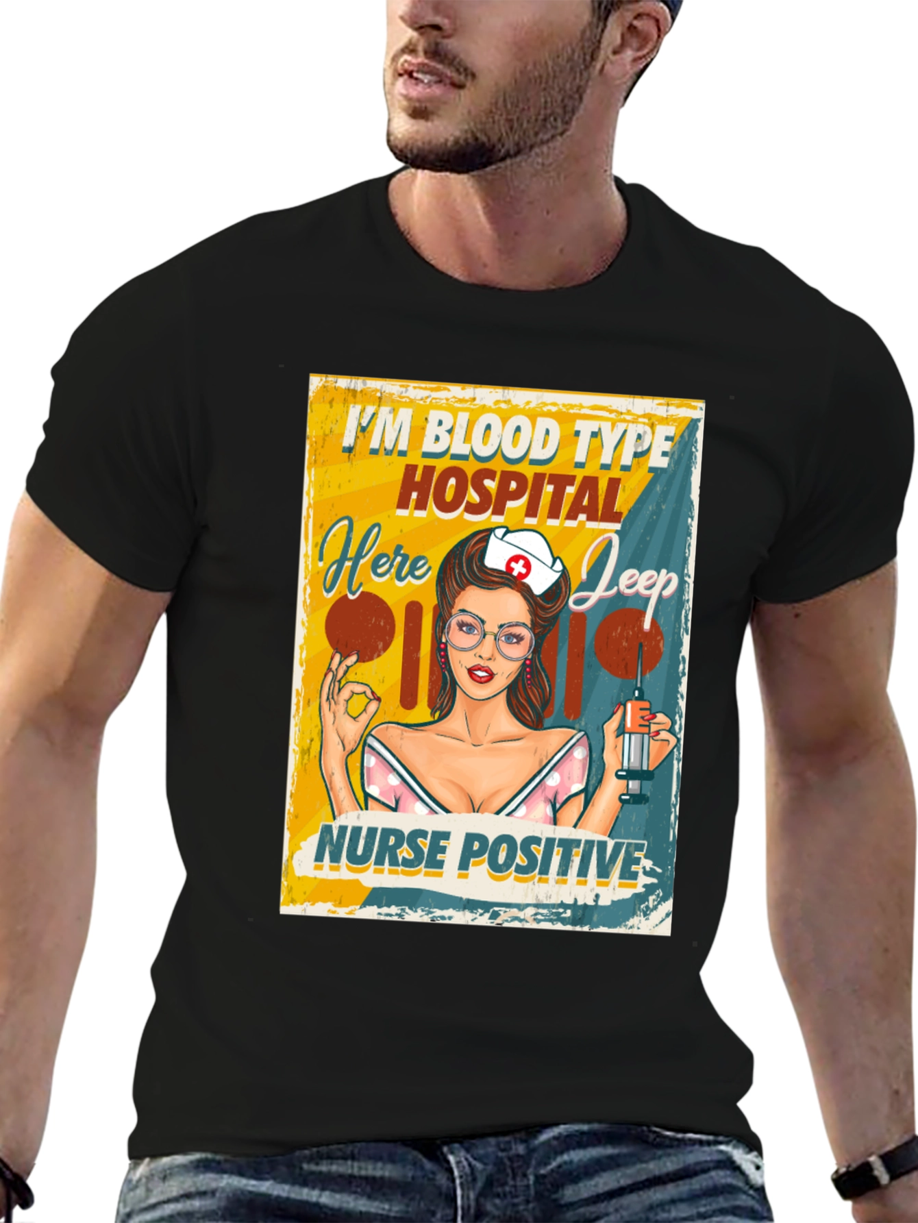 Black Nurse Positive T-Shirt - Blood Type Hospital Jeep view 6