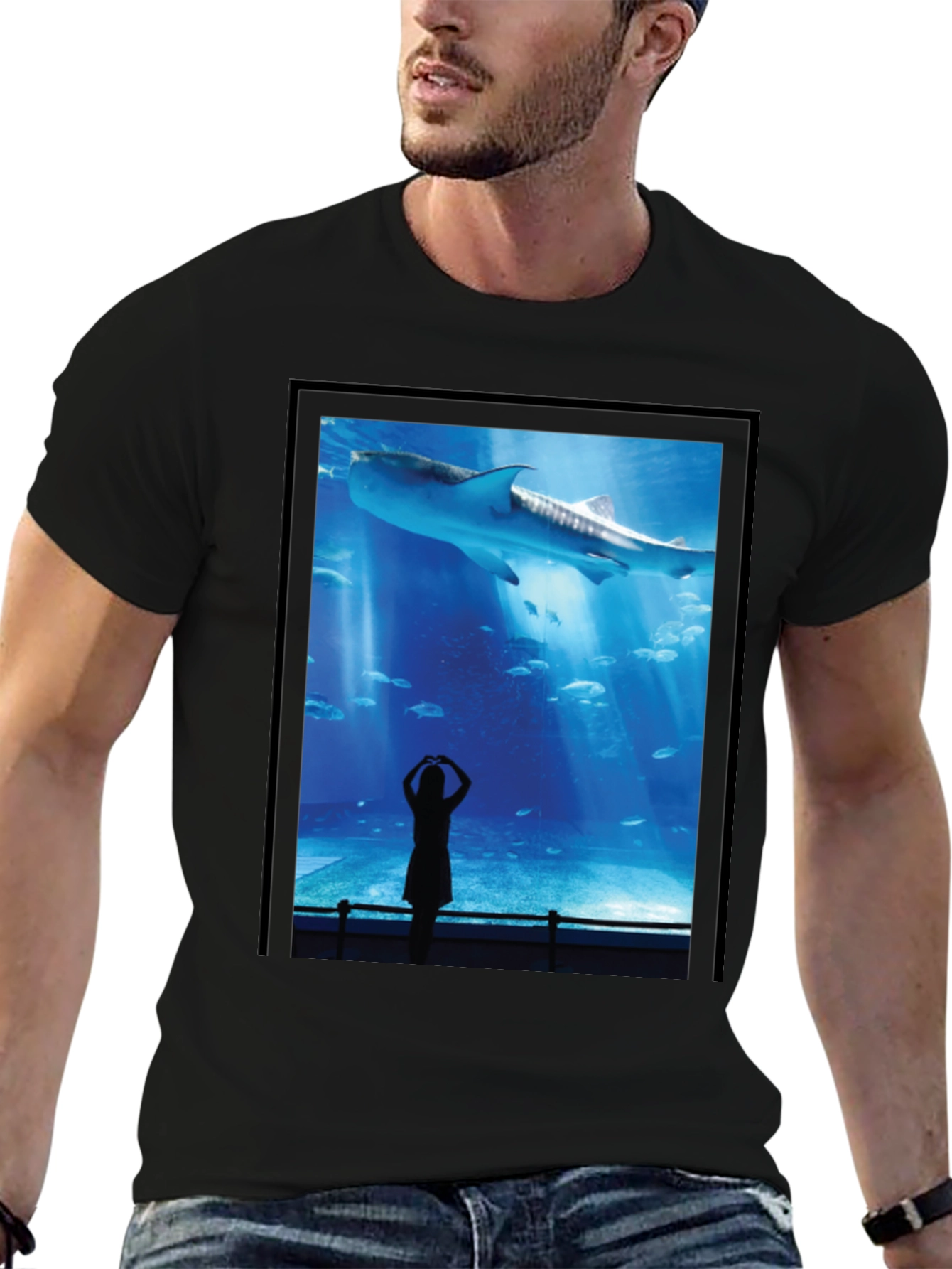 Black Aquarium Shark Graphic Tee - Black Cotton T-Shirt view 6