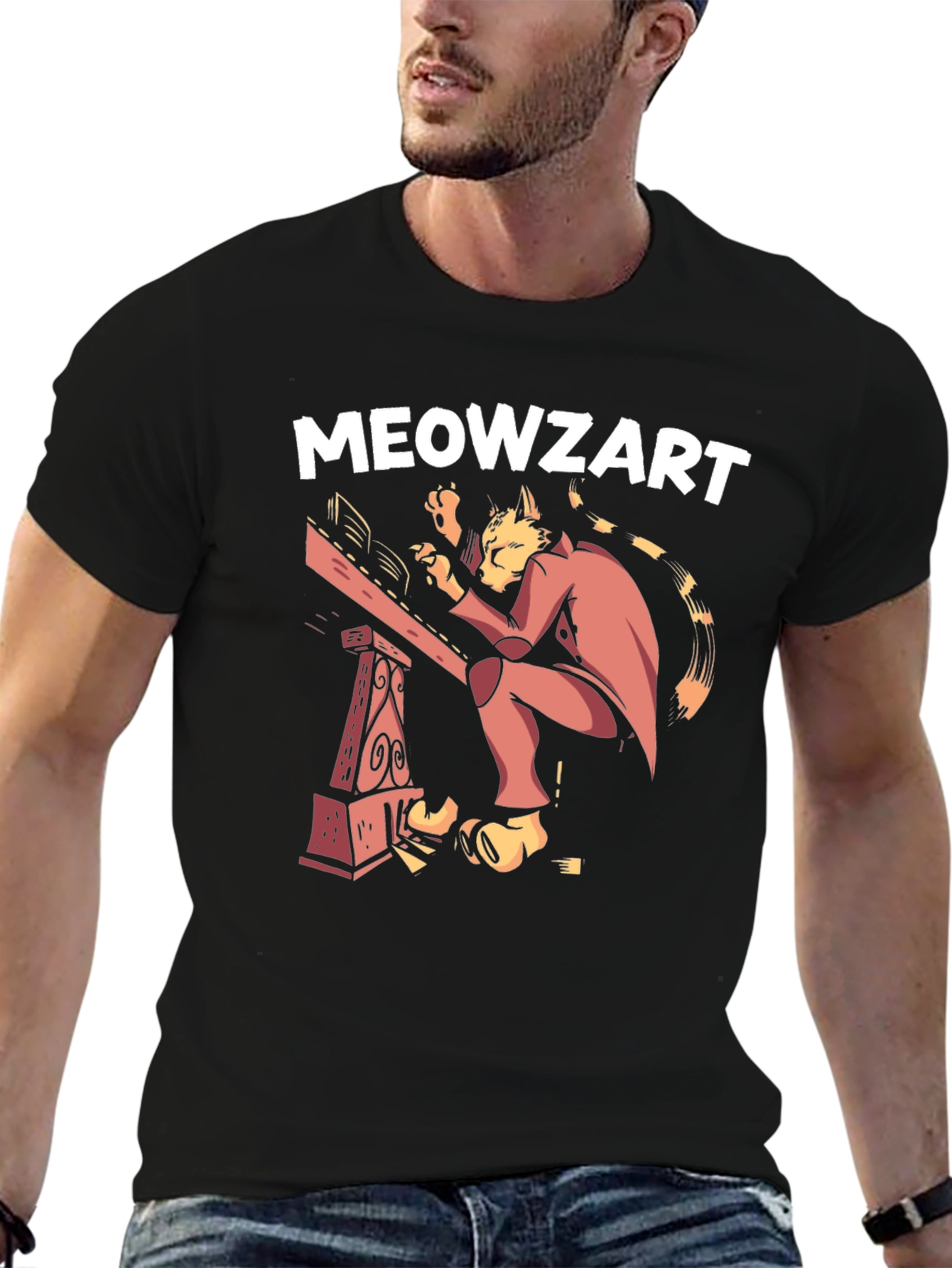 Black Meowzart Cat Musician Graphic T-Shirt view 6