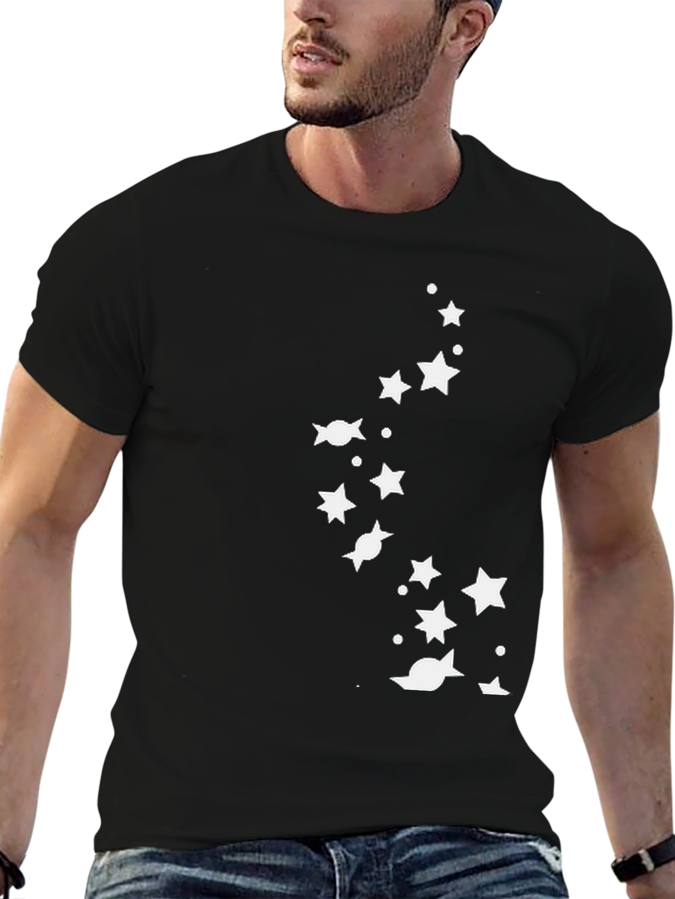 Black Starry Night Men's Black Graphic Tee view 6
