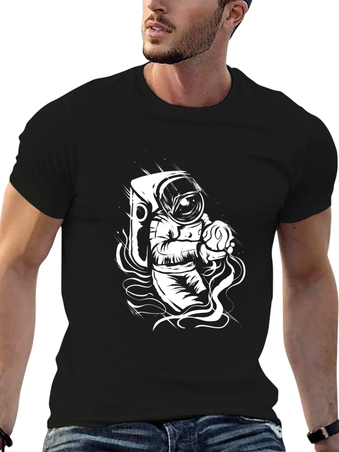 Black Astronaut Graphic Tee - Black Cotton Crew Neck T-Shirt view 6