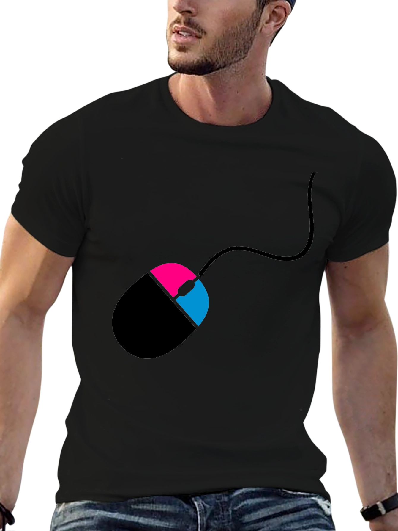 Black Men's Black T-Shirt with Mouse Design view 6