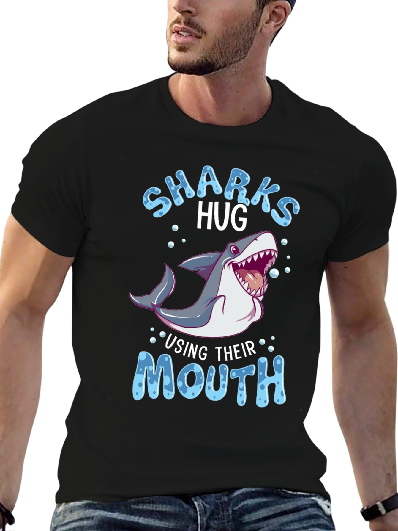 Black Sharks Hug Using Their Mouth T-Shirt - Funny Animal Tee view 6