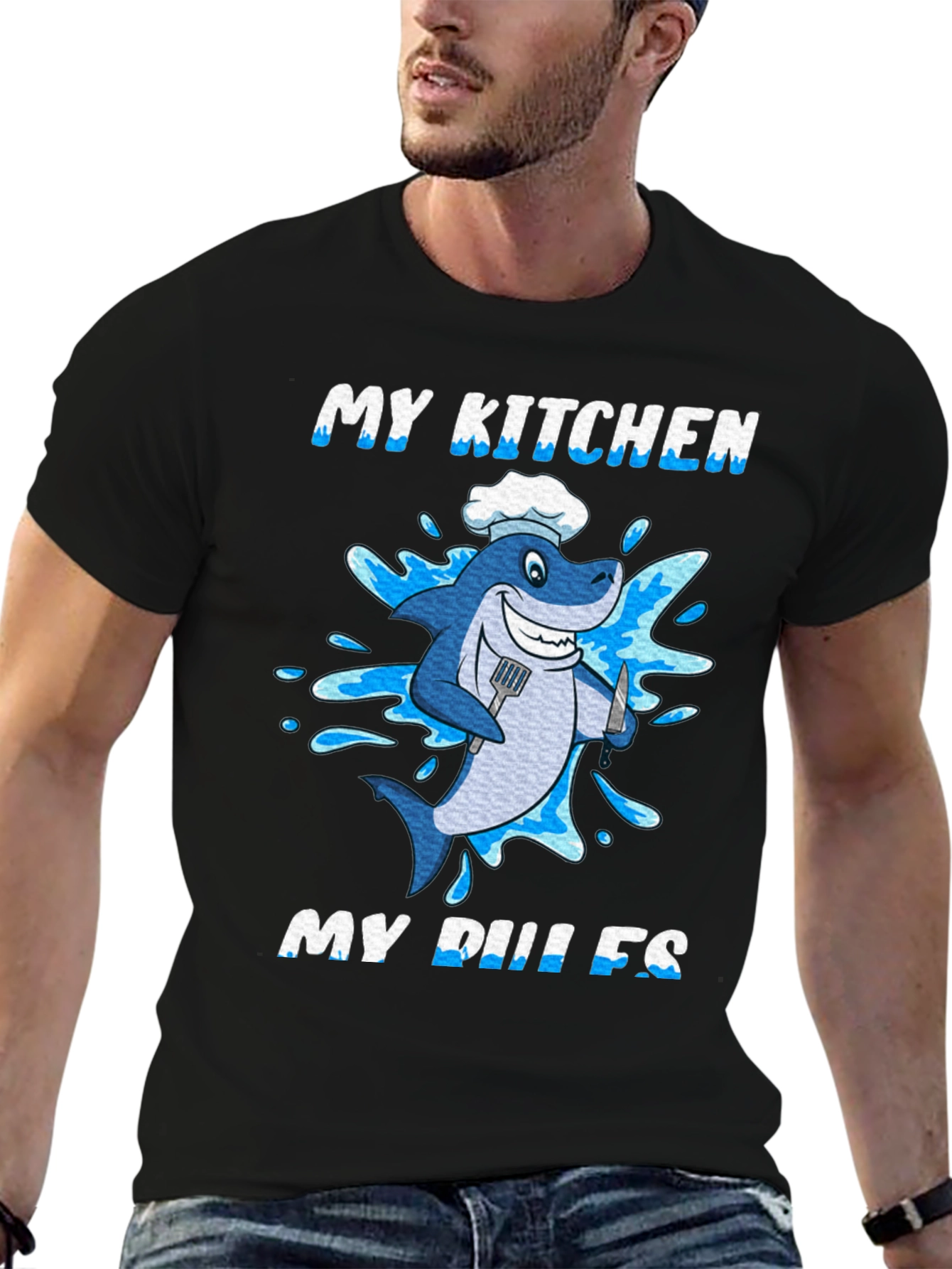 Black My Kitchen My Rules Shark Chef T-Shirt view 6