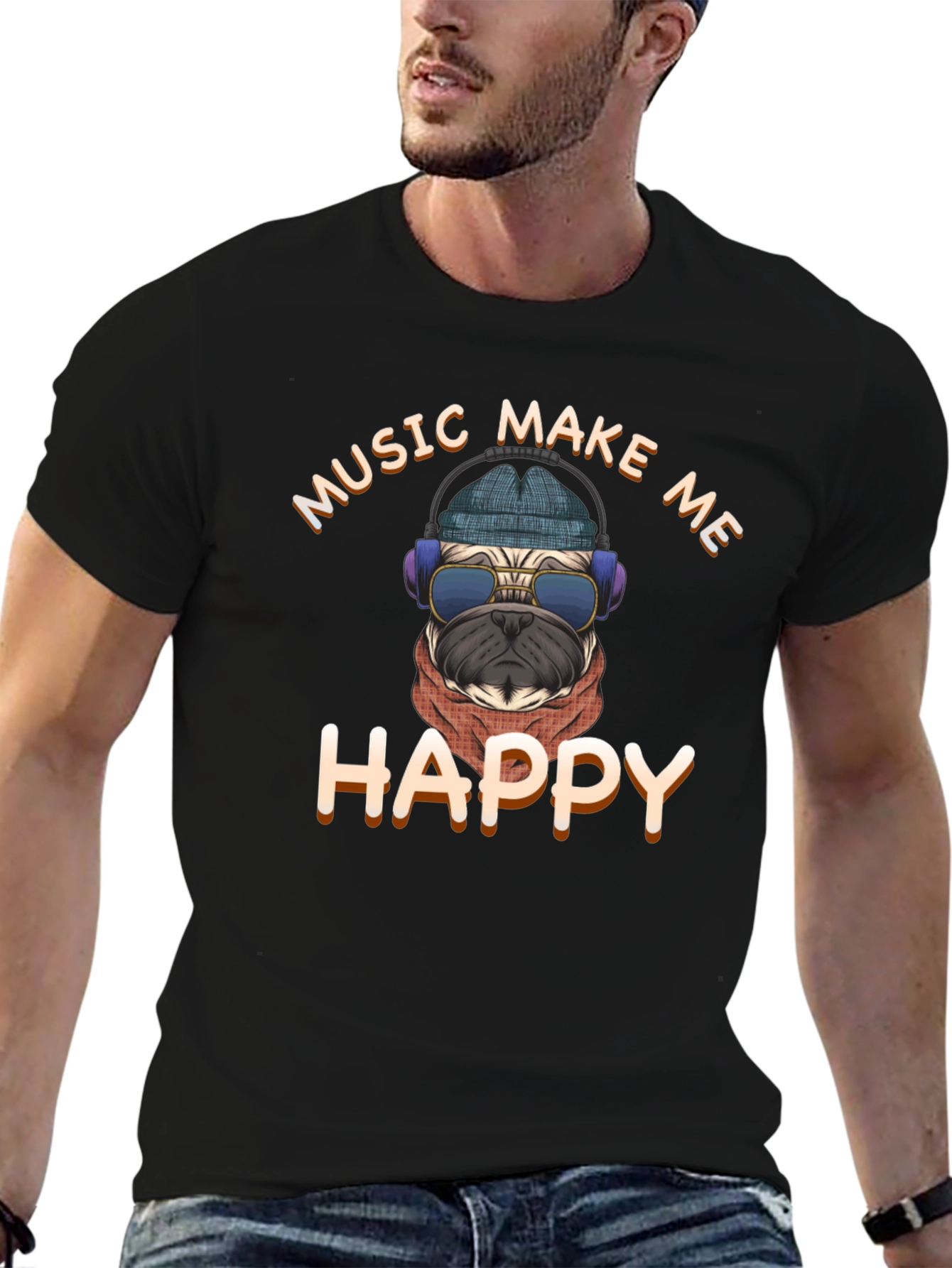 Black Music Make Me Happy Pug Graphic T-Shirt view 6