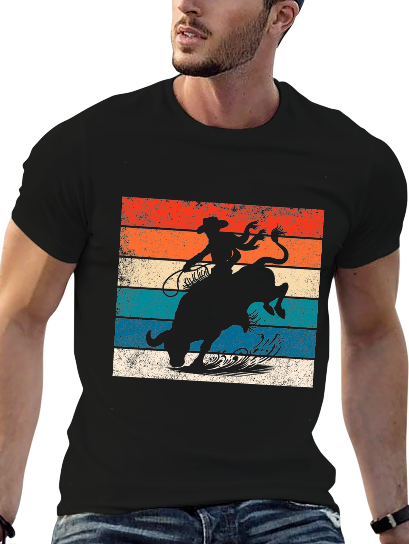 Black Retro Rodeo T-Shirt - Cowboy Riding Bull Design view 6