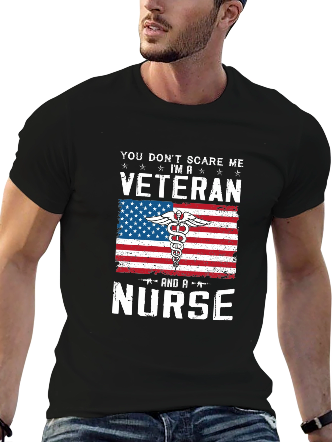 Black Veteran Nurse T-Shirt - Patriotic American Flag Design view 6