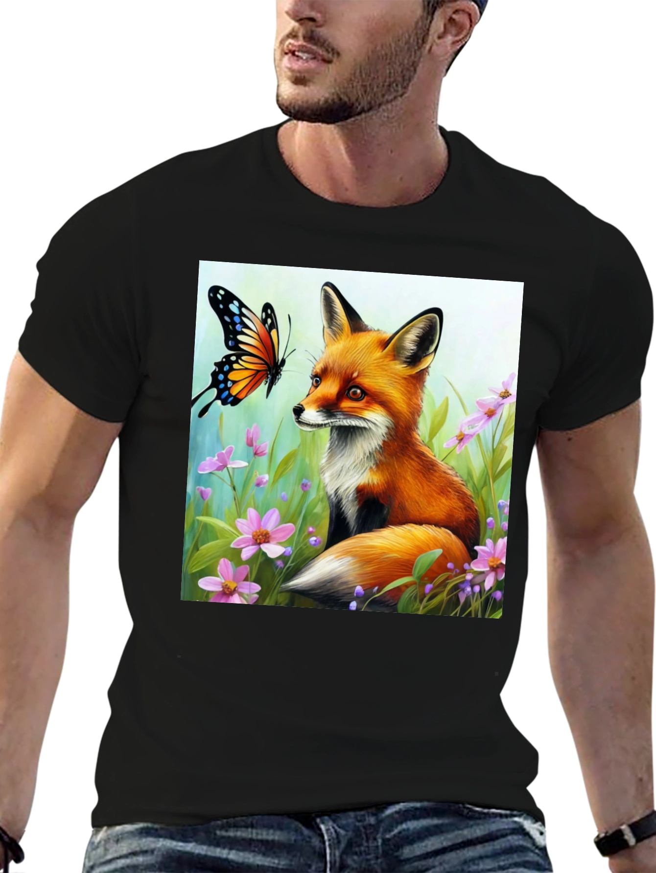 Black Fox & Butterfly Graphic Tee - Nature Lover's Shirt view 6