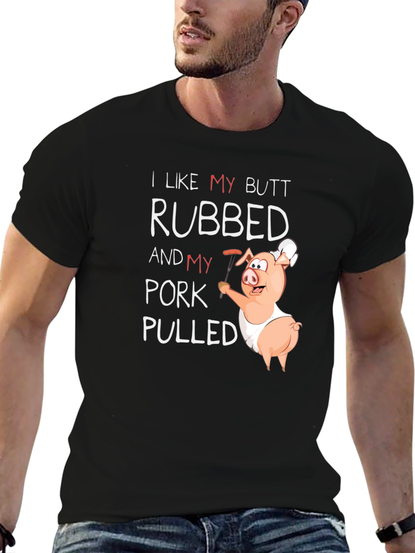 Black Funny BBQ Pig T-Shirt - Butt Rubbed, Pork Pulled view 6