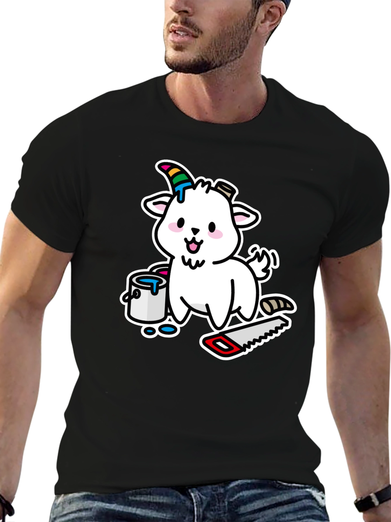 Black Goat DIY T-Shirt: Cartoon Goat with Paint and Saw view 6