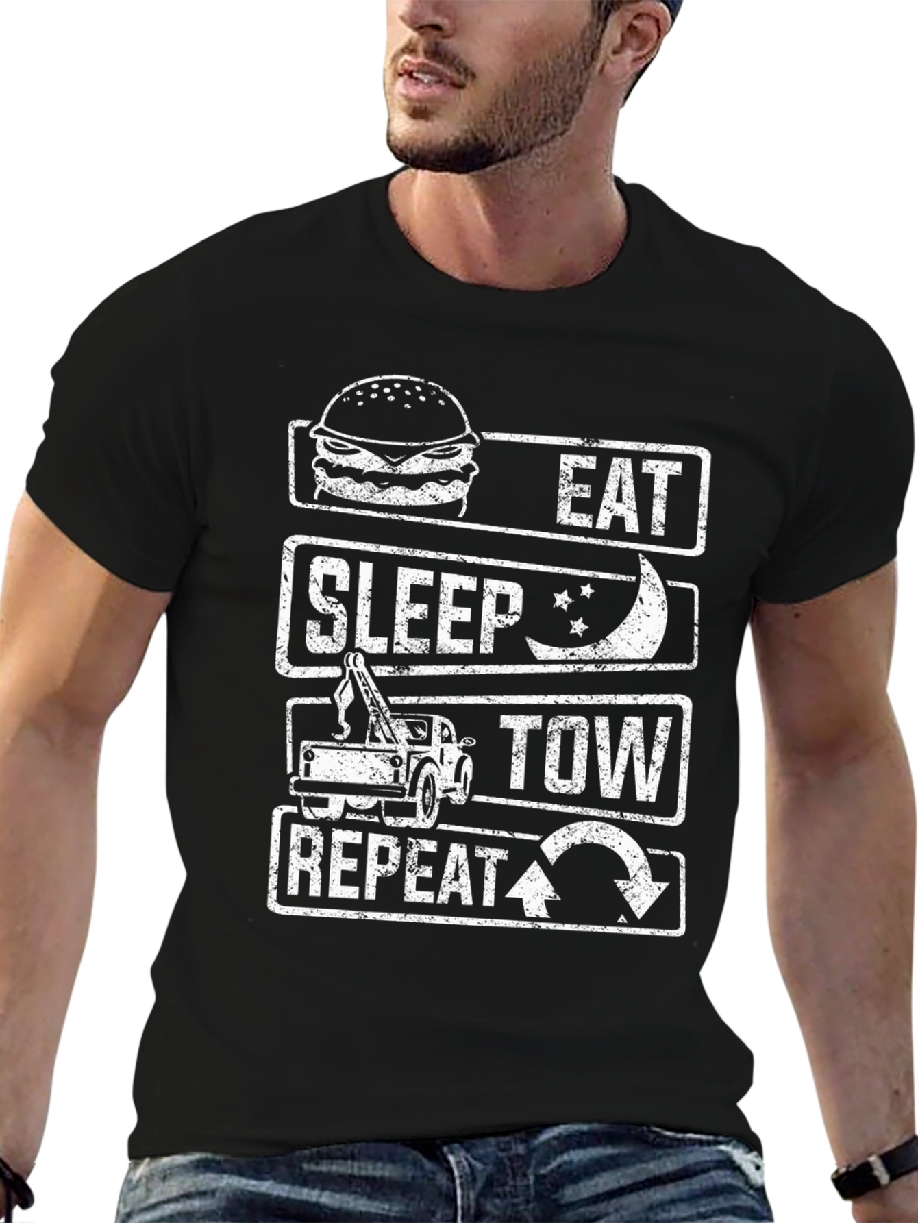 Black Eat Sleep Tow Repeat Funny Tow Truck Driver T-Shirt view 6