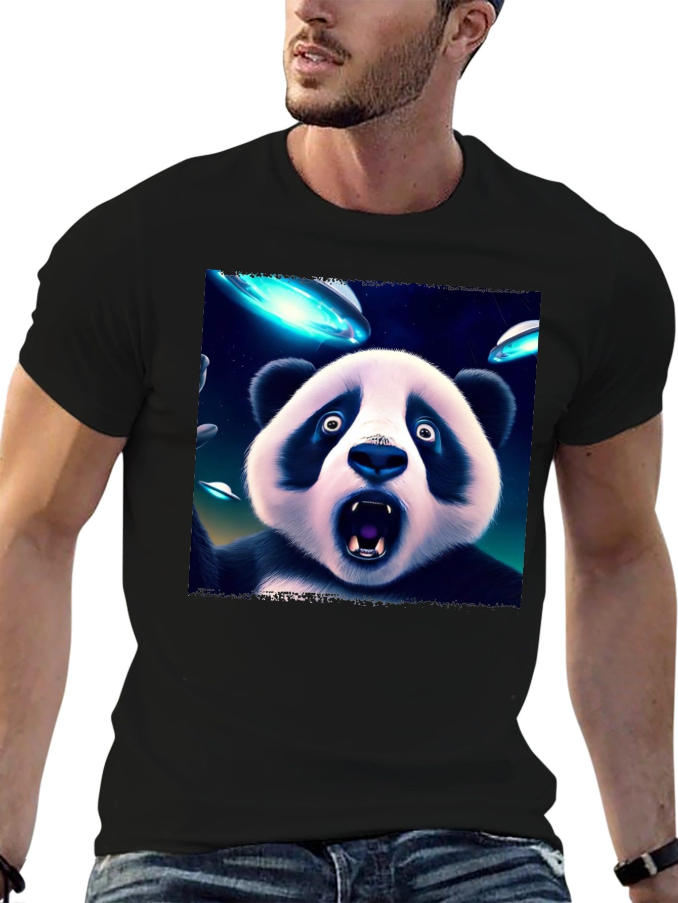 Black UFO Panda Graphic Tee - Black Cotton Blend T-Shirt view 6