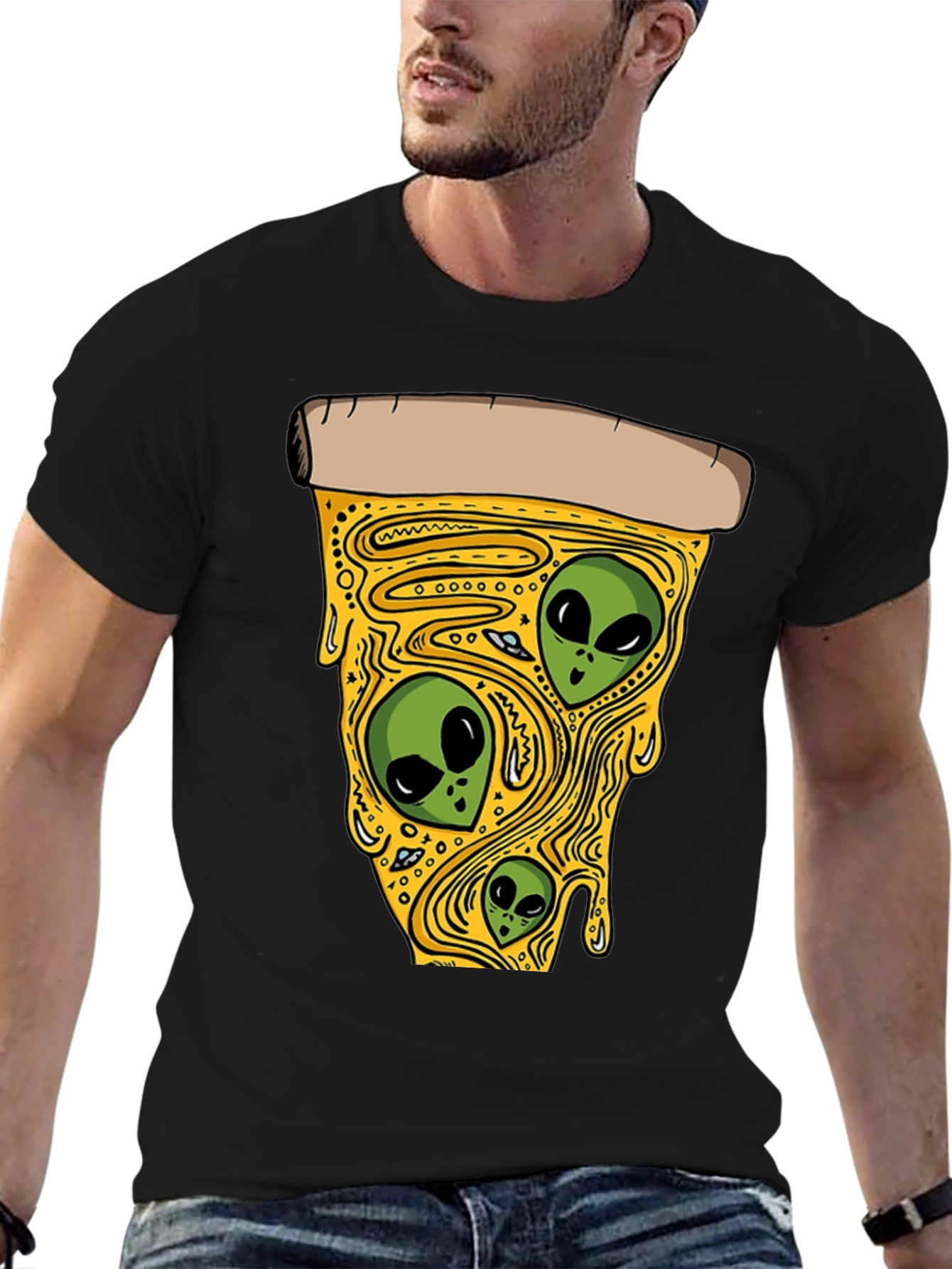 Black Alien Pizza Graphic T-Shirt view 6