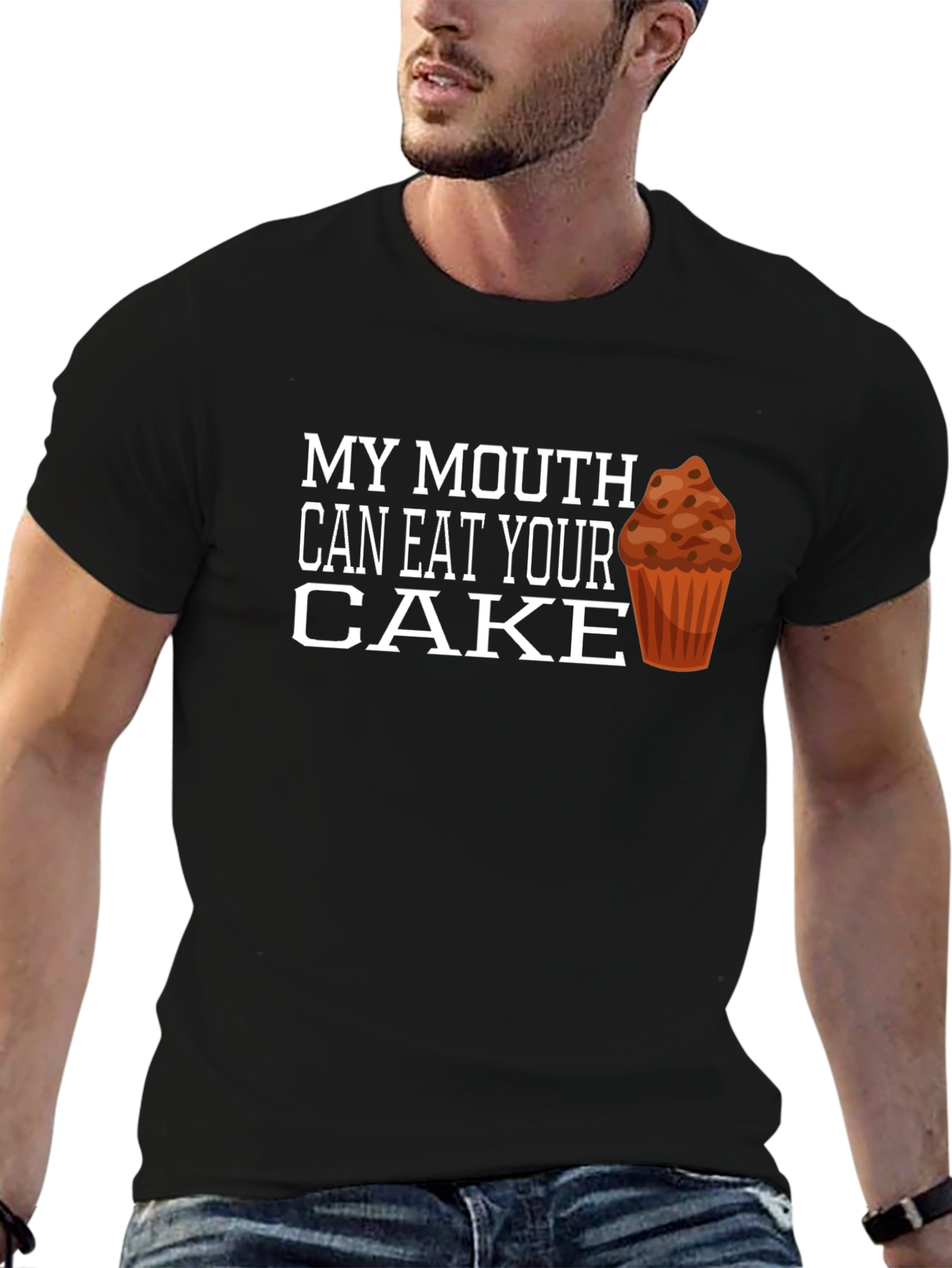 Black Funny Cake T-Shirt - My Mouth Can Eat Your Cake view 6